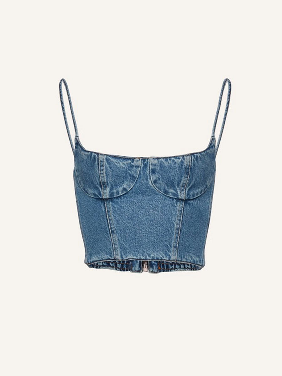 Blue Denim Zipper Cami Top + Floral Irregular Skirt Set