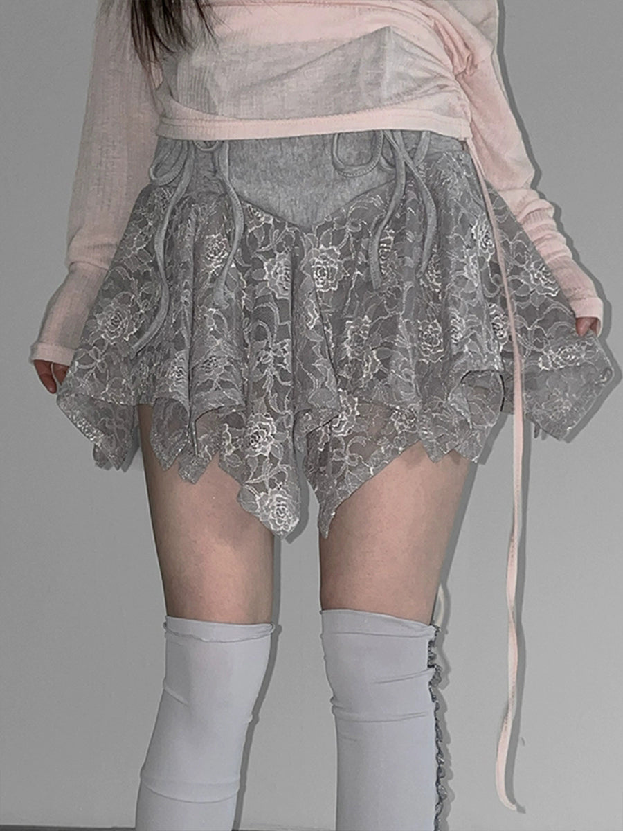 Patchwork Lace Asymmectric Hem Skirt