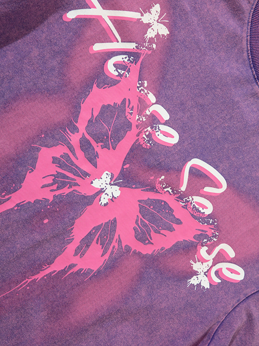 Butterfly Print Oversize Short Sleeve Top