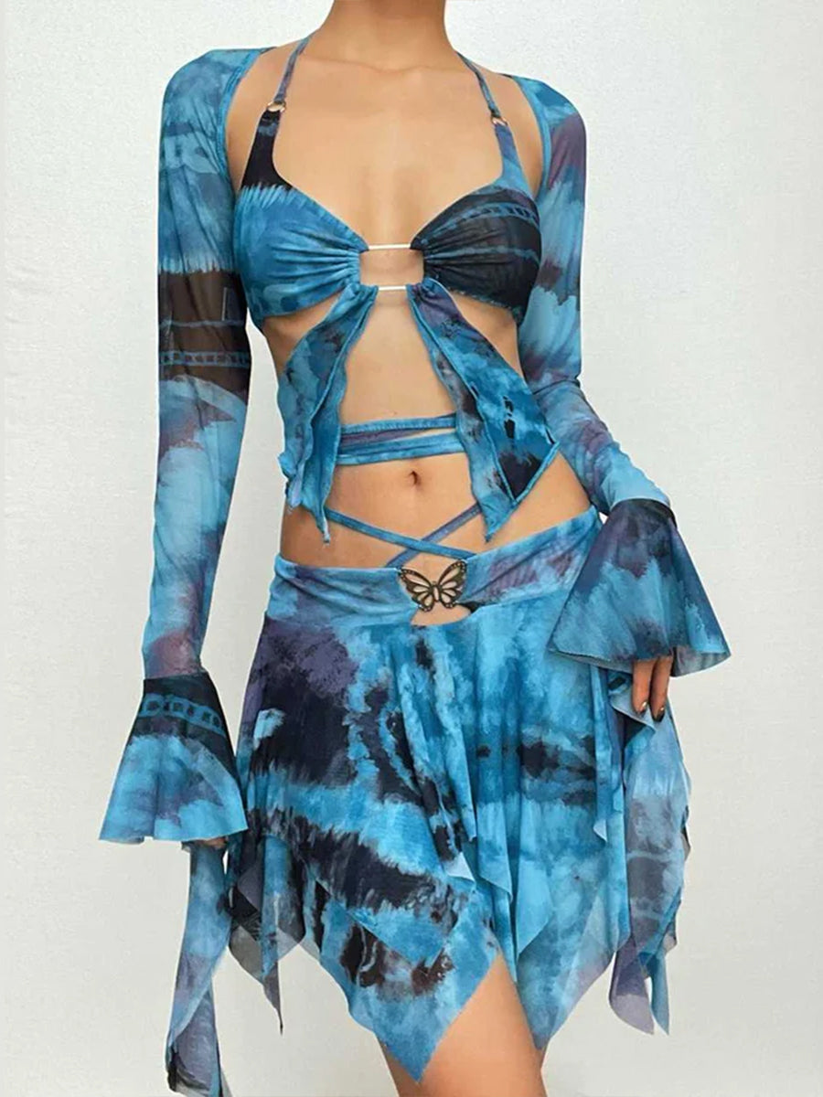 Flared Sleeve Tie Dye O Ring Self Tie Halter Low Cut Mini Skirt Set