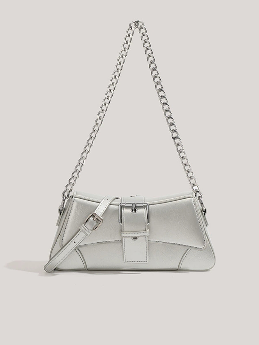 Solid Color Patent Leather Chain Baguette Bag
