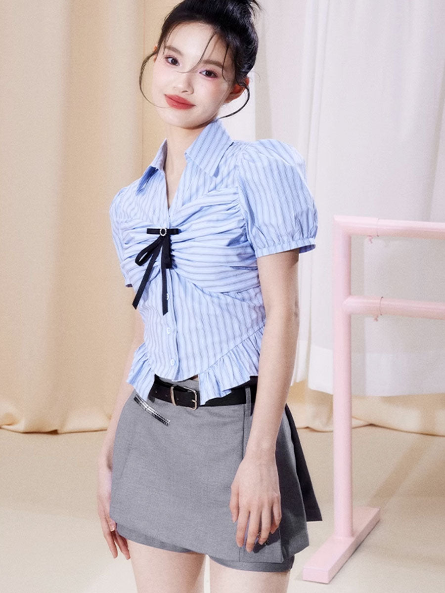 Bubble Sleeve Plaid Shirt Top + Fake Two Piece Shorts Set