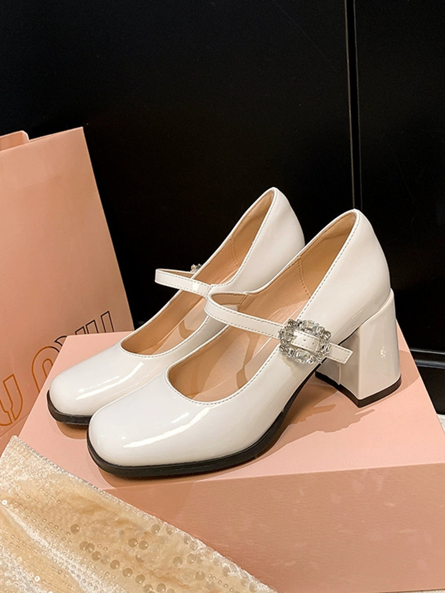 Square Toe Chunky Heeled Ankle Strap Mary Jane Pumps Shoes