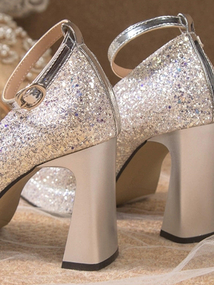 Rhinestone Square Toe Mary Jane Heels Pumps