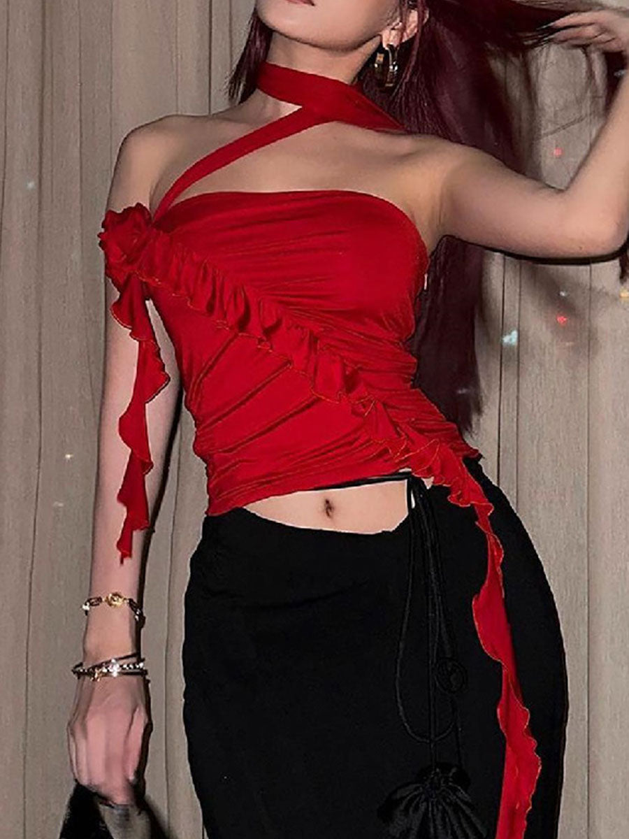 Floral Backless Lace-up Halter Top