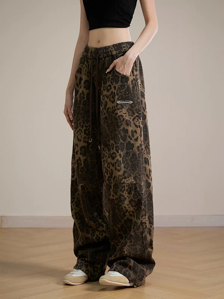 Leopard Print Hip Hop Loose Straight Elastic Banded Waist Wide Leg Pants