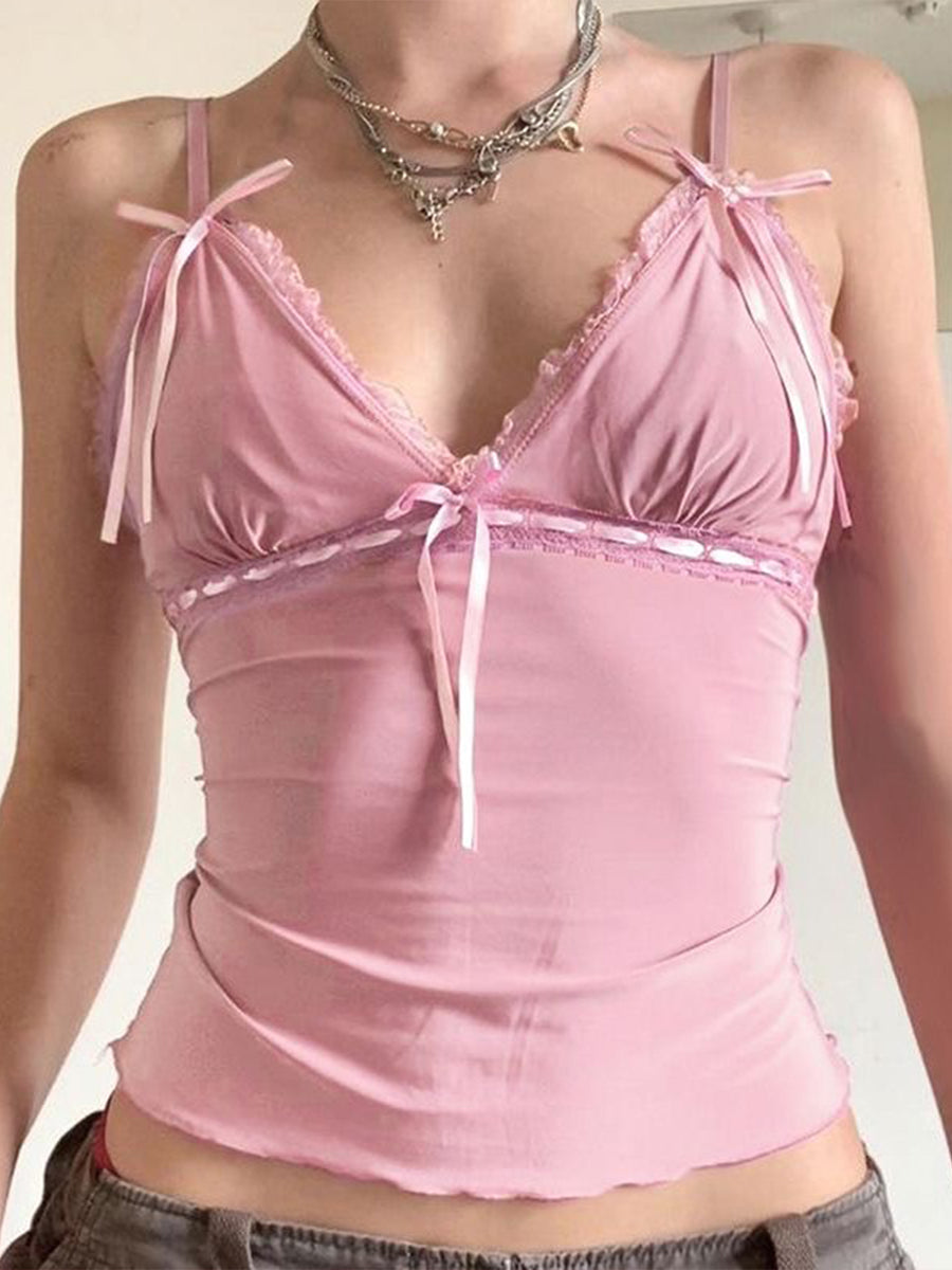 Lace Patchwork Bow Camisole Top