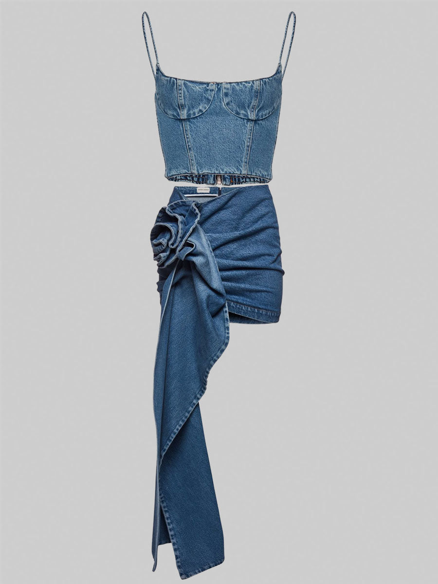 Blue Denim Zipper Cami Top + Floral Irregular Skirt Set