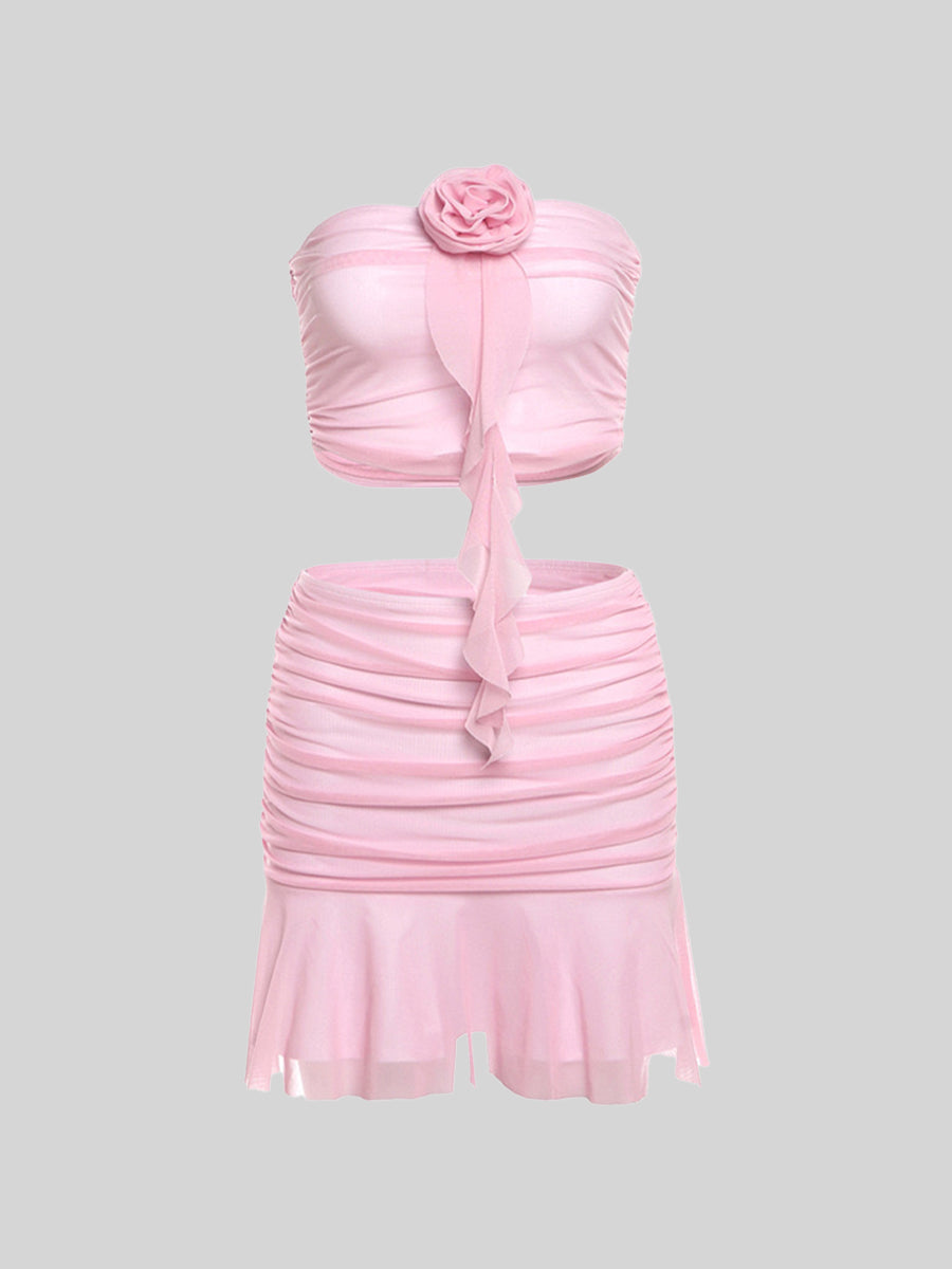Solid Color Floral Embellished Sleeveless Top + Pink Skirt Two Piece Set