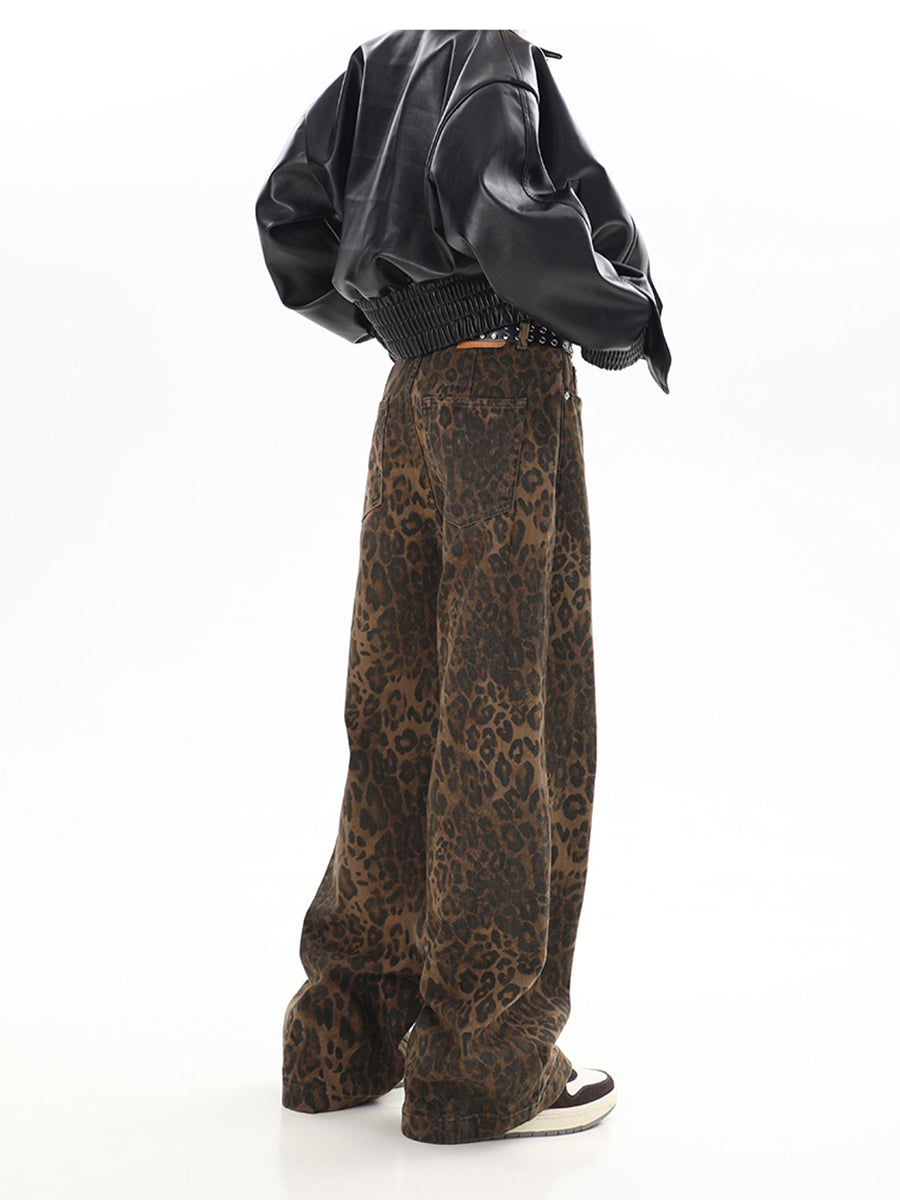 Leopard Print Hip Hop Loose Fit Denim Jeans