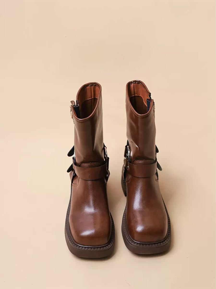 Women's Western Buckle Straps Chunky Heeled Side Zip Boots