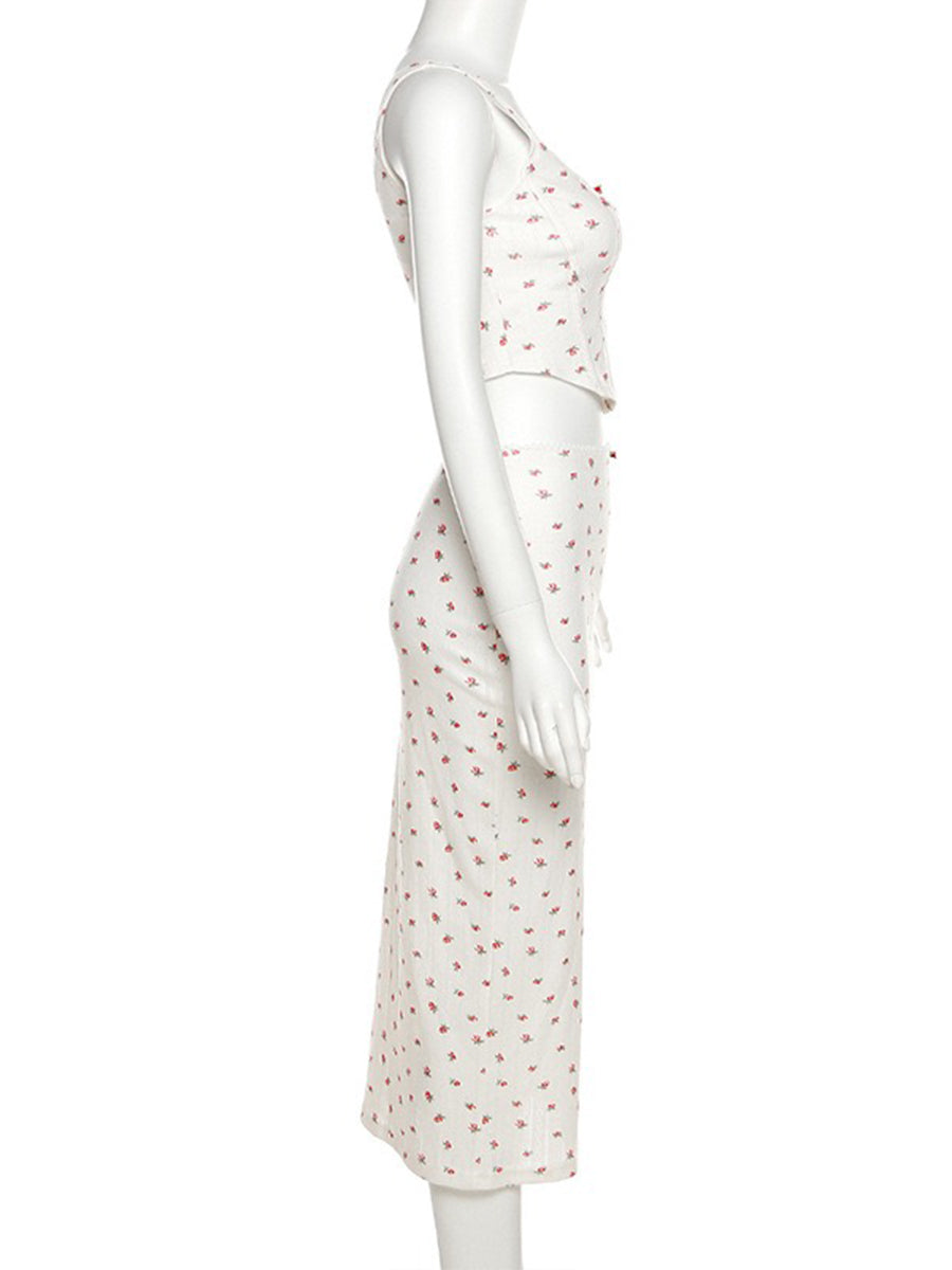 Rose Floral Print Knit Stretchy Cami Top + Long Skirt Two Piece Set