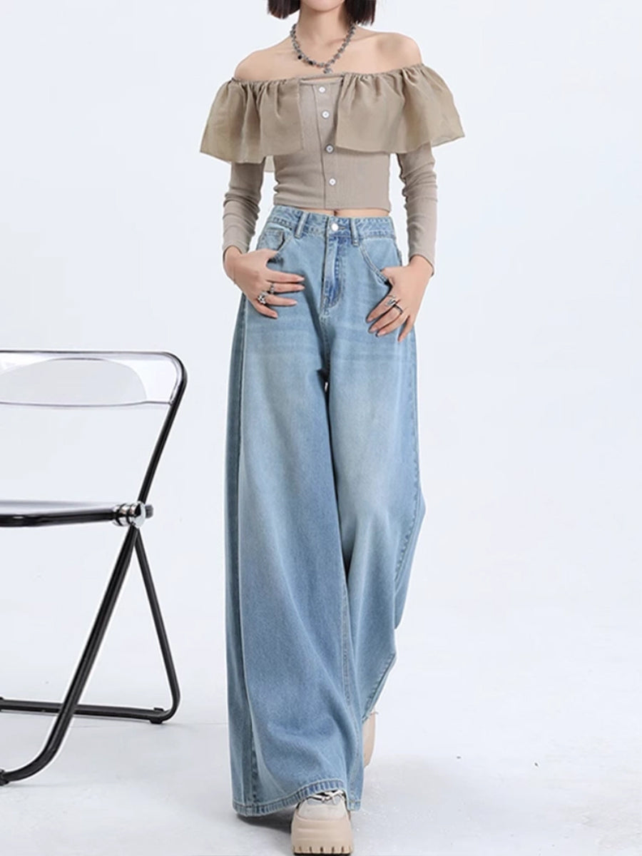 Solid Color Relaxed Fit High Rise Jeans Denim Pants