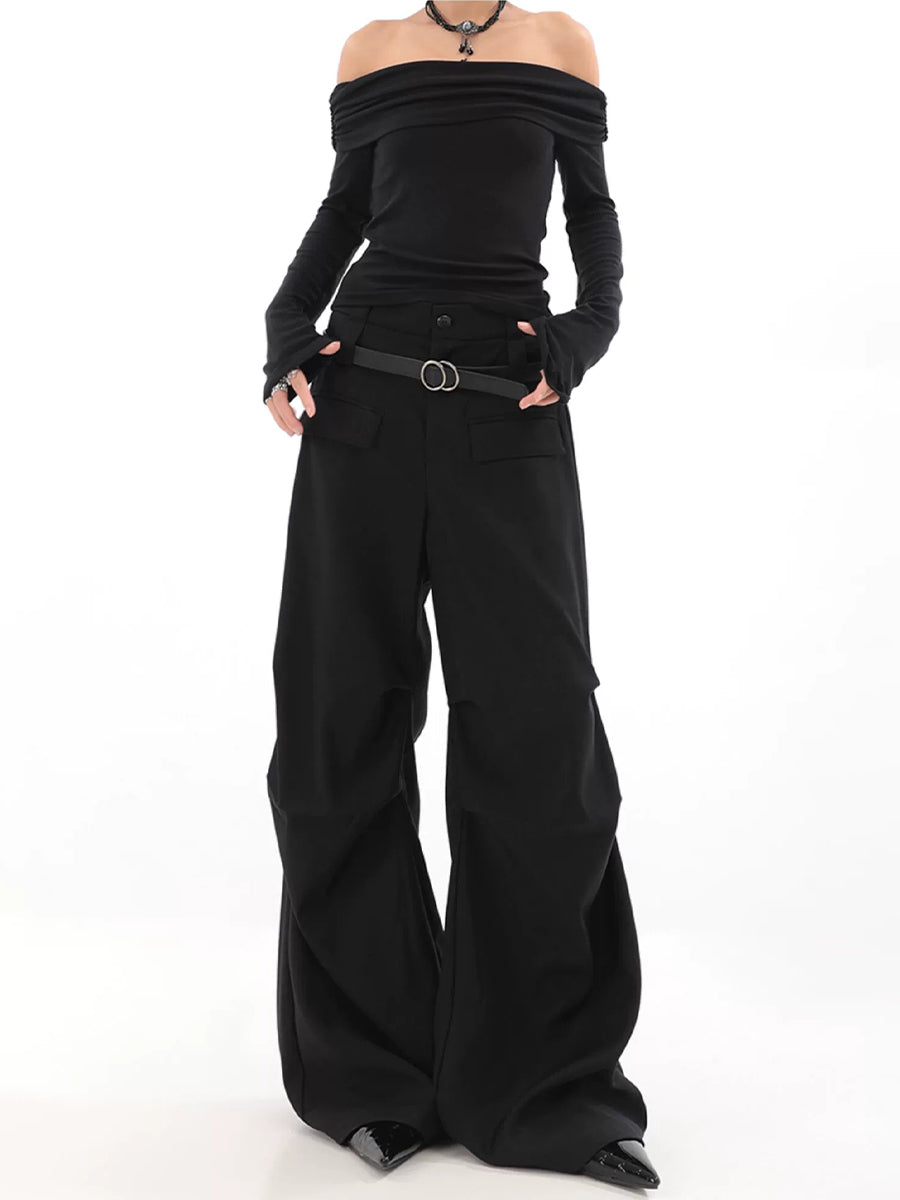 Solid Color Pleated Contour Suit Pants with Belt