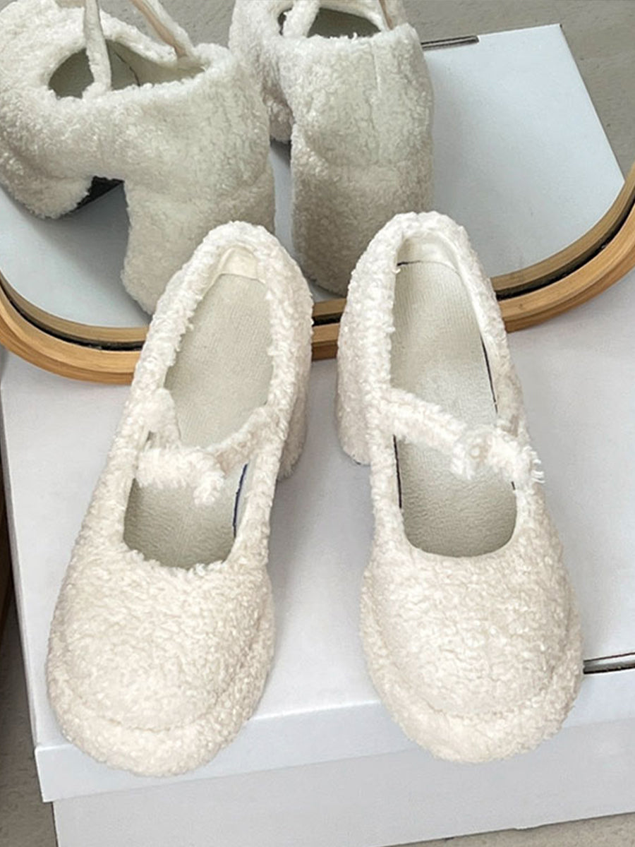Fluffy Ankle Strap Chunky Heels Mary Jane Shoes