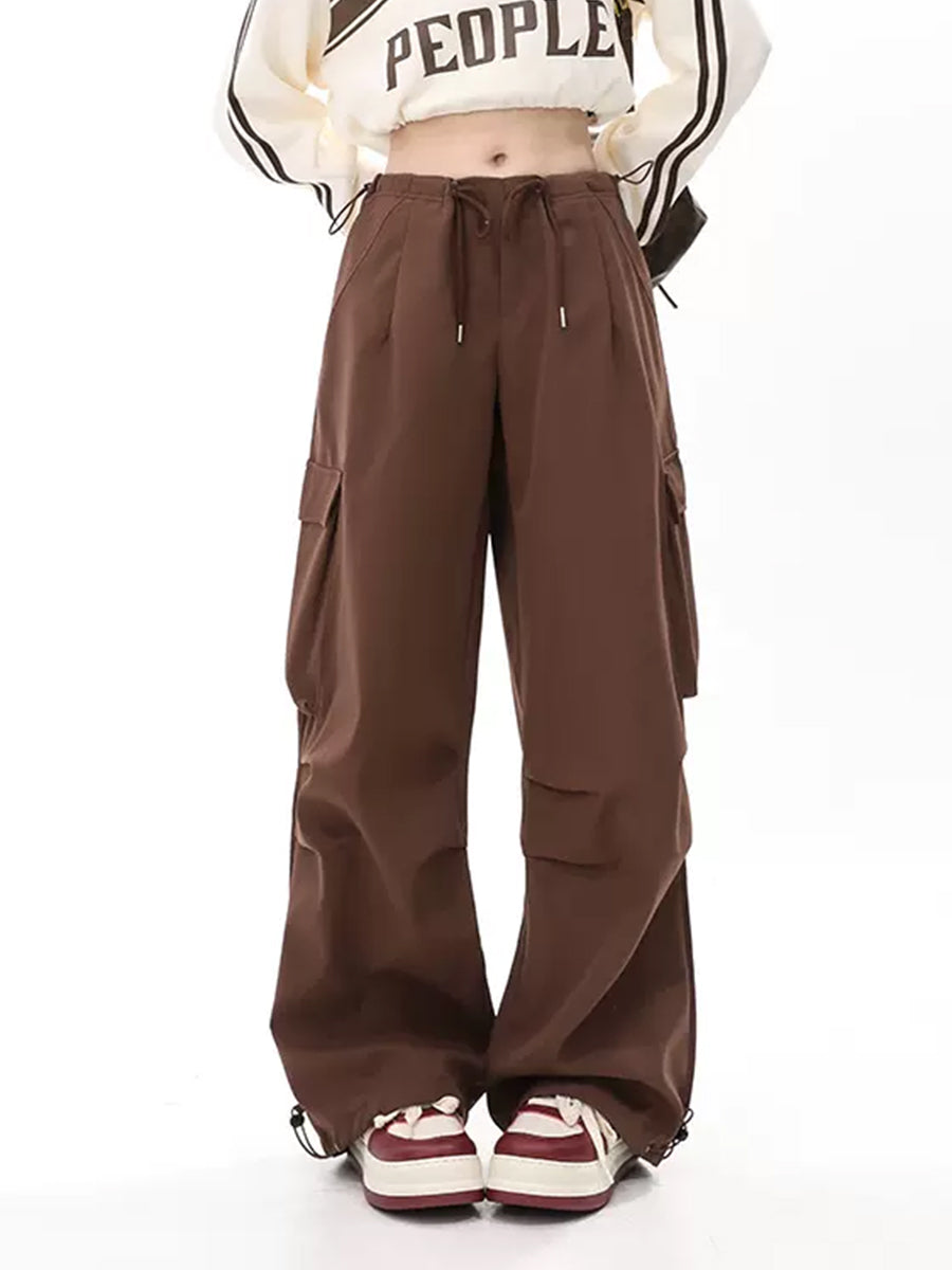 Solid Color Wide-Leg Cargo Drawstring Casual Pants