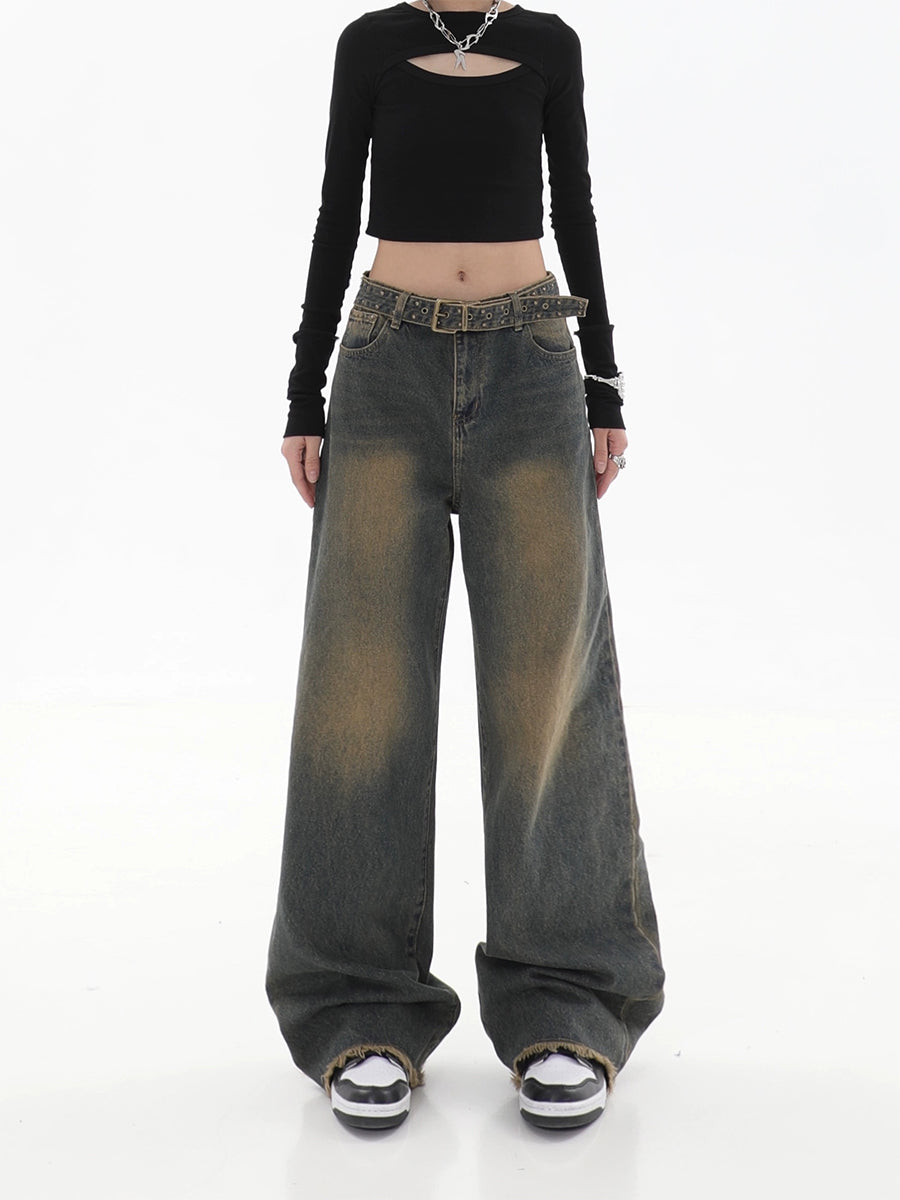 Vintage Loose Raw Hem Denim Jeans