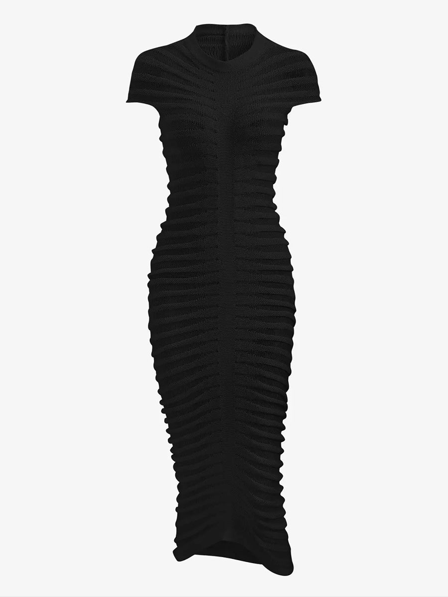 Women's Sexy Knitted See Thru Mock Neck Cap Sleeve Solid Color Midi Bodycon Dress
