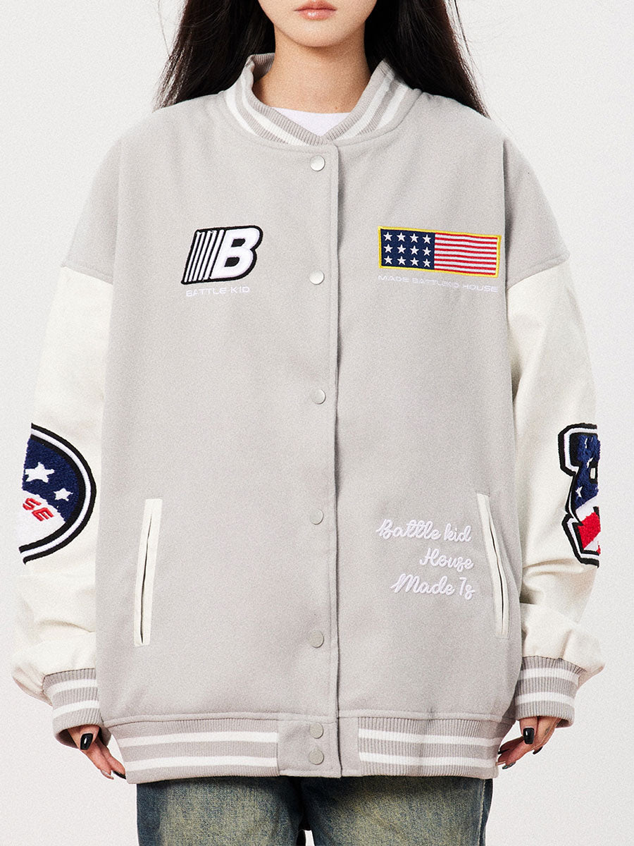 Flag Pattern Long Sleeve Loose Top Jacket Baseball Coat