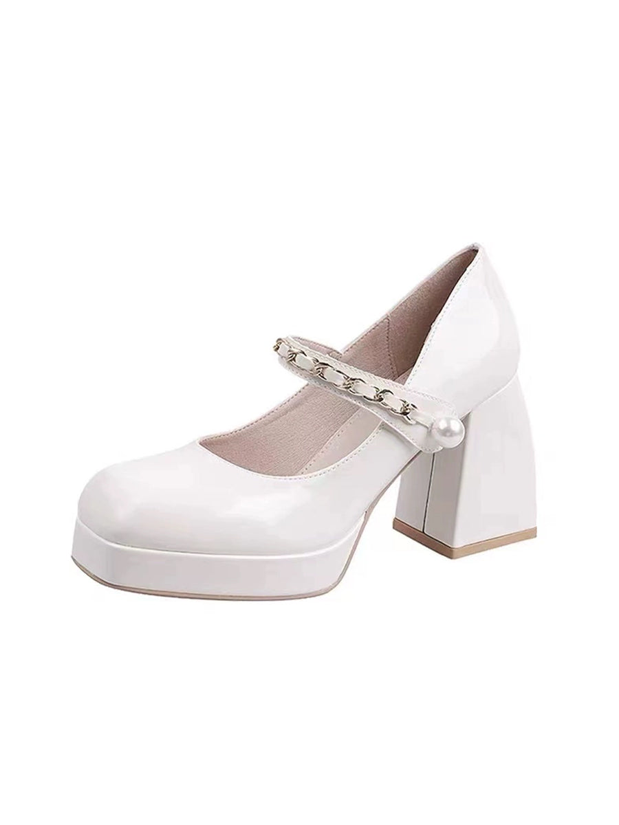 Metal Chain Pearl Chunky Heel Mary Jane Pumps