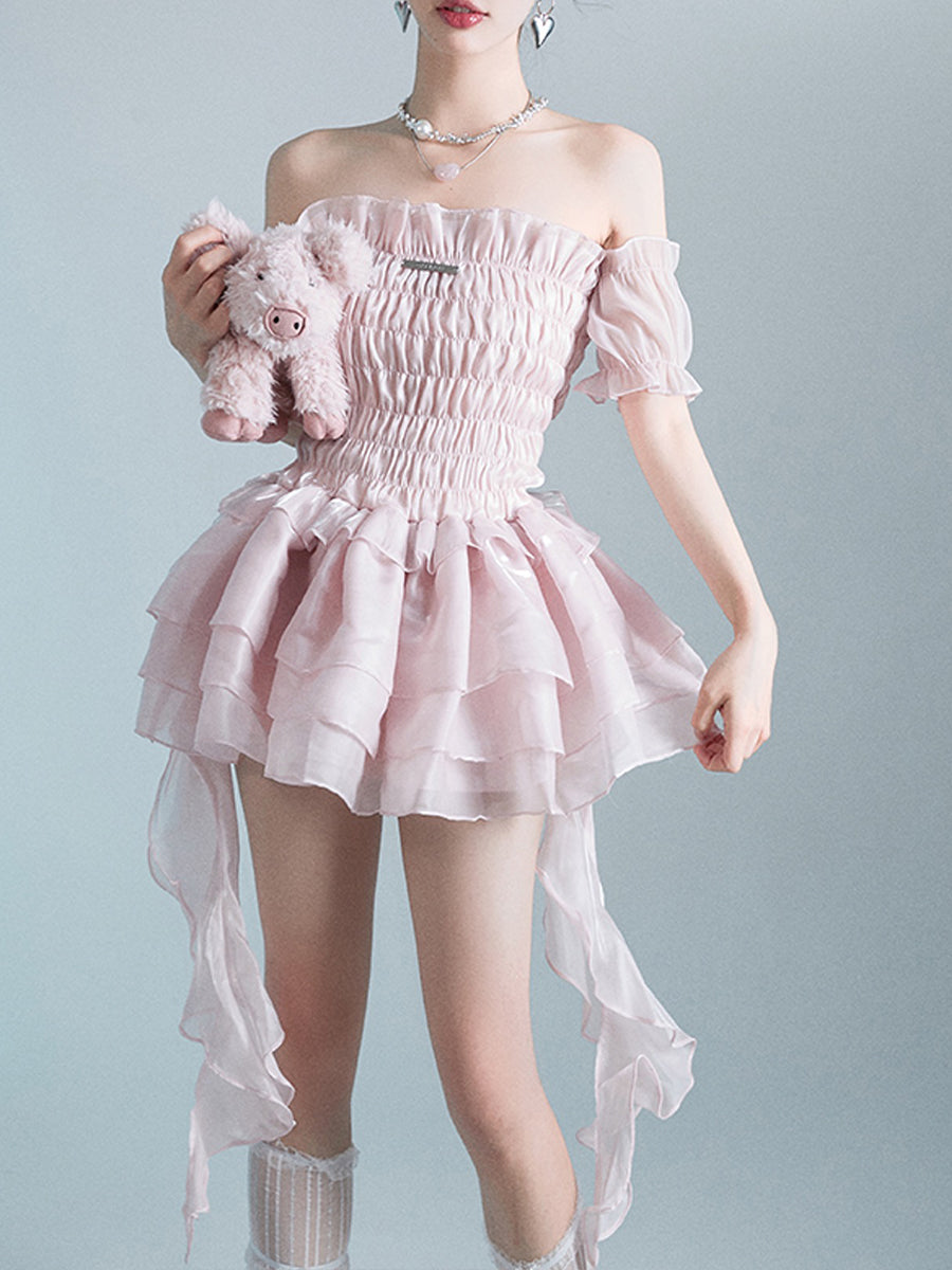 Irregular Fluffy Pink Organza Dress