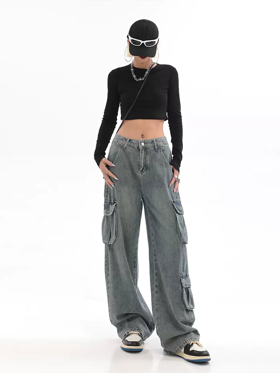Vintage Light Blue Irregular Loose Cargo Jeans