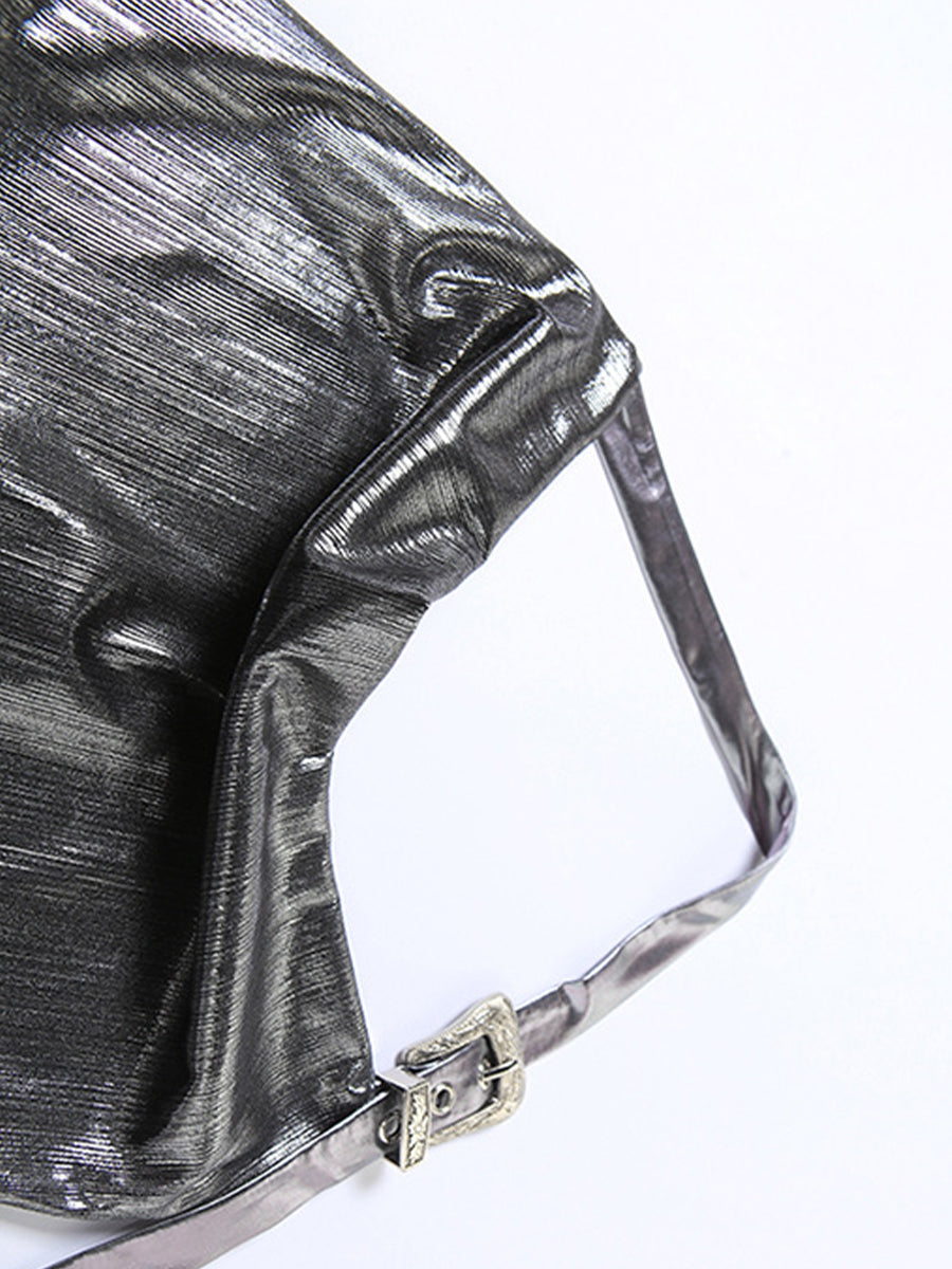 Pink Grey Shiny Leather Buckle Halter Top