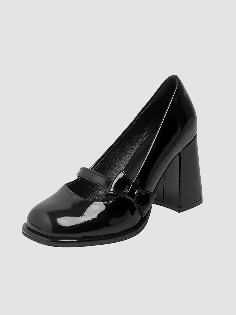 Bow Tie Decoration Chunky Heeled Ankle Strap Mary Jane Pumps Shoes