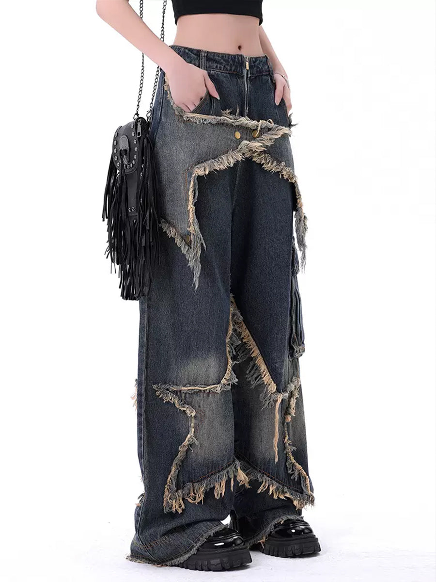 Vintage Patchwork Star Shape Raw Trim Loose Fit Jeans