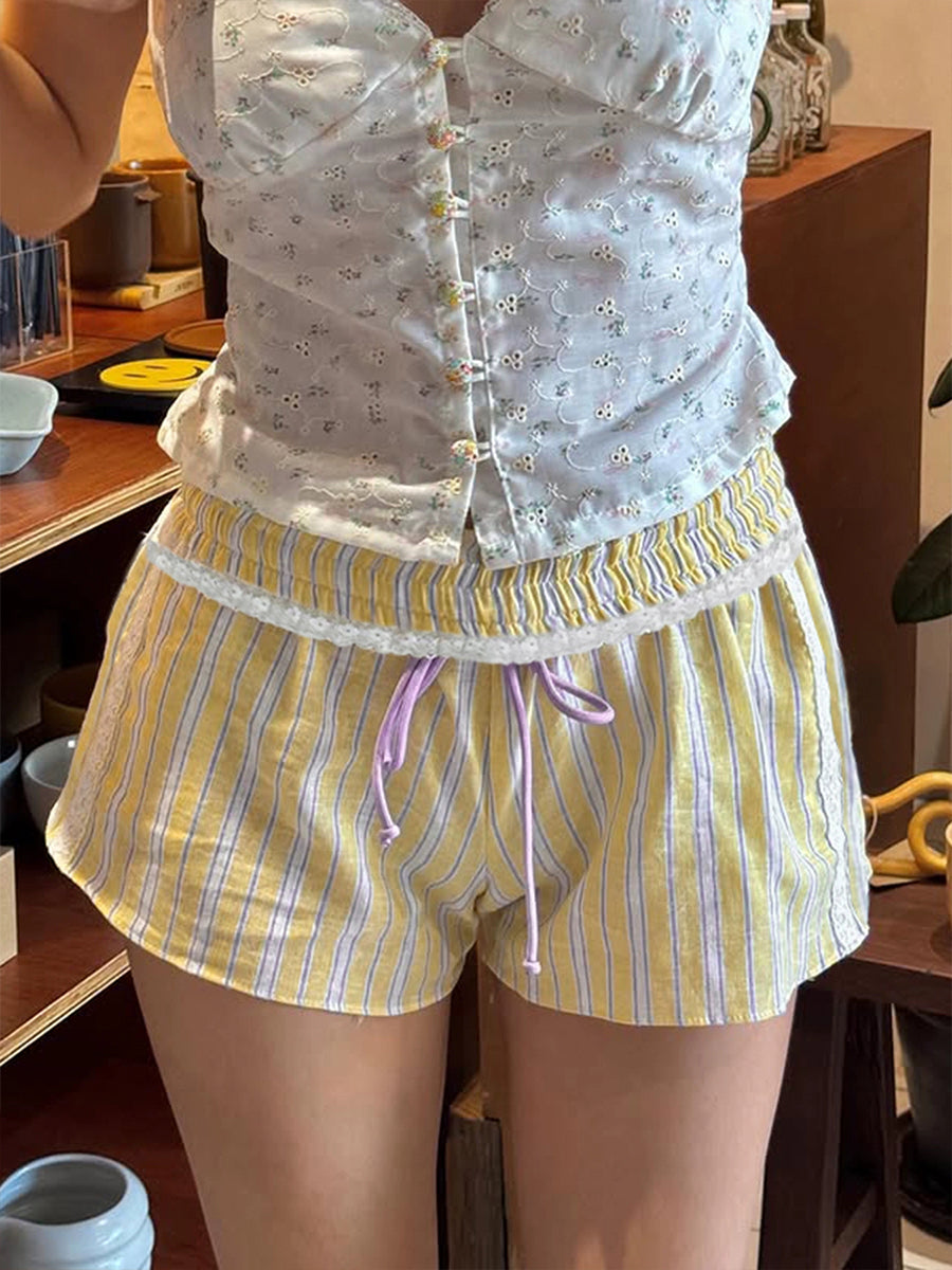 Yellow Striped Elastic Lace Trim Shorts