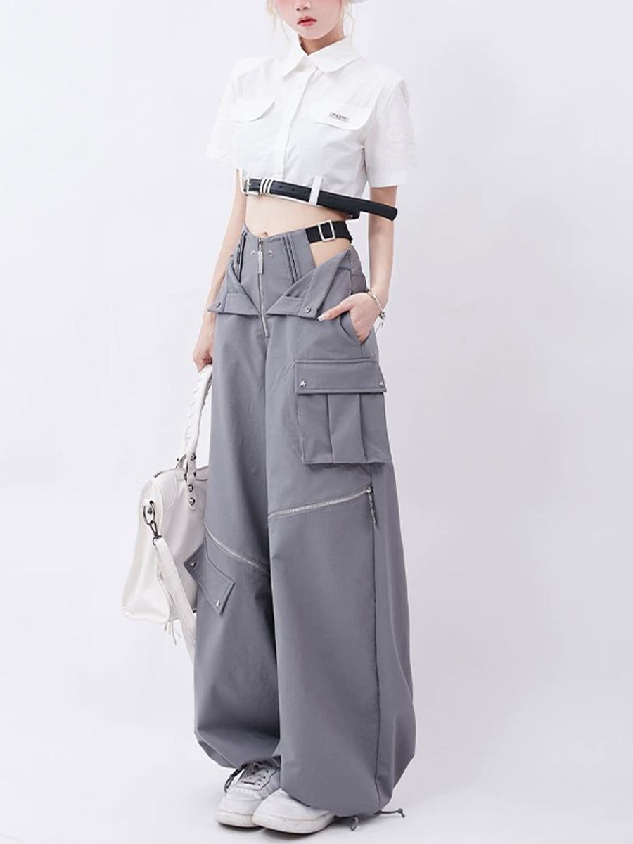 Gray Blue Fake Two Piece Large Pocket Loose Wide Leg Pants Casual Pants