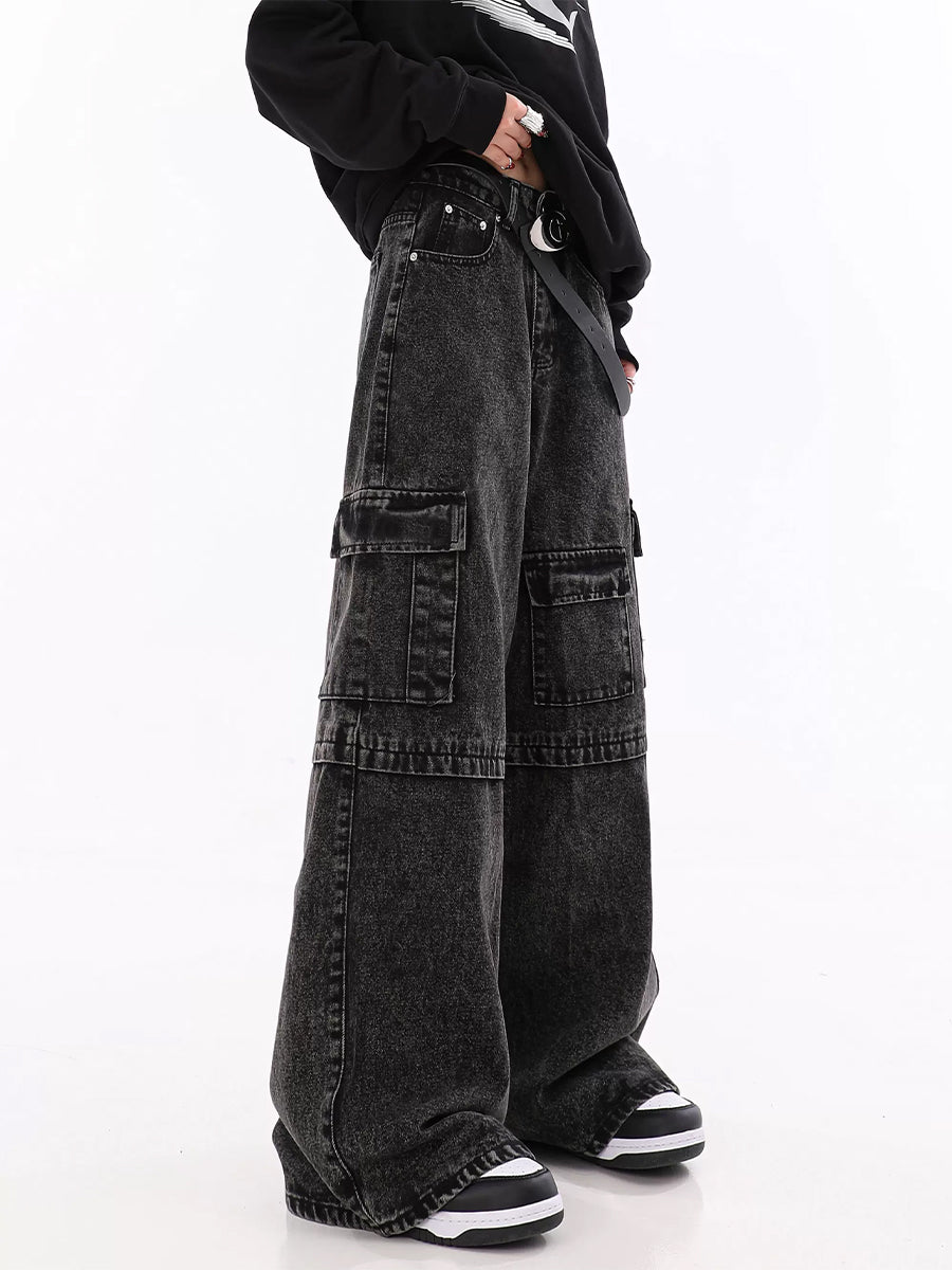 Vintage Black Irregular Loose Cargo Jeans