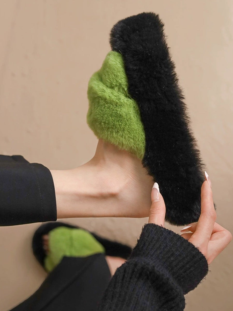 Criss Cross Straps Casual Indoors Slippers Fluffy Faux Fuzzy Fur Slides
