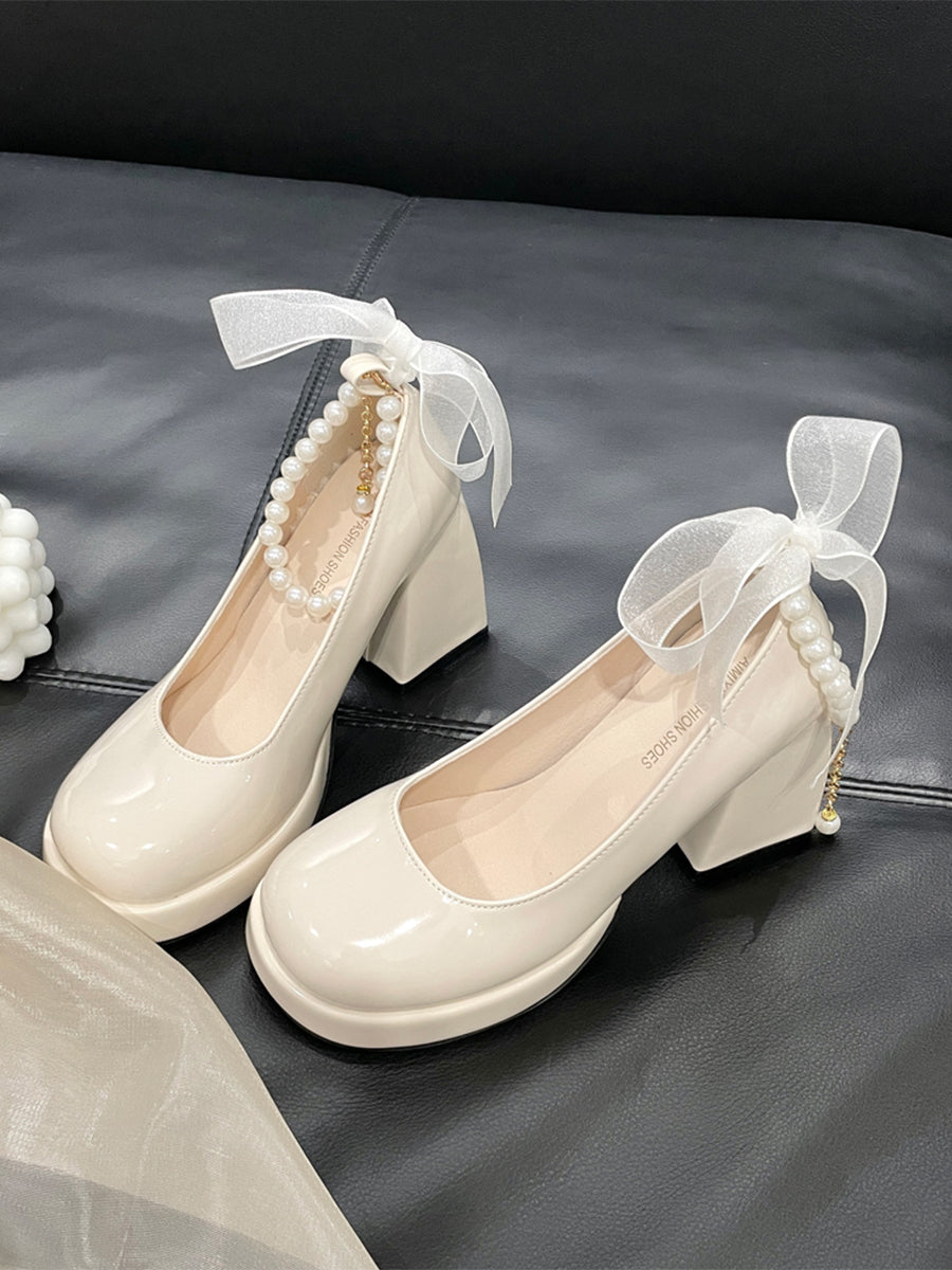 Women's Round Toe Mary Jane Heels Shoes with Double Layered Pearls Chain