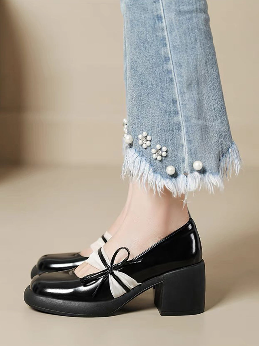 Ribbon-tie Mary Jane Pumps in White