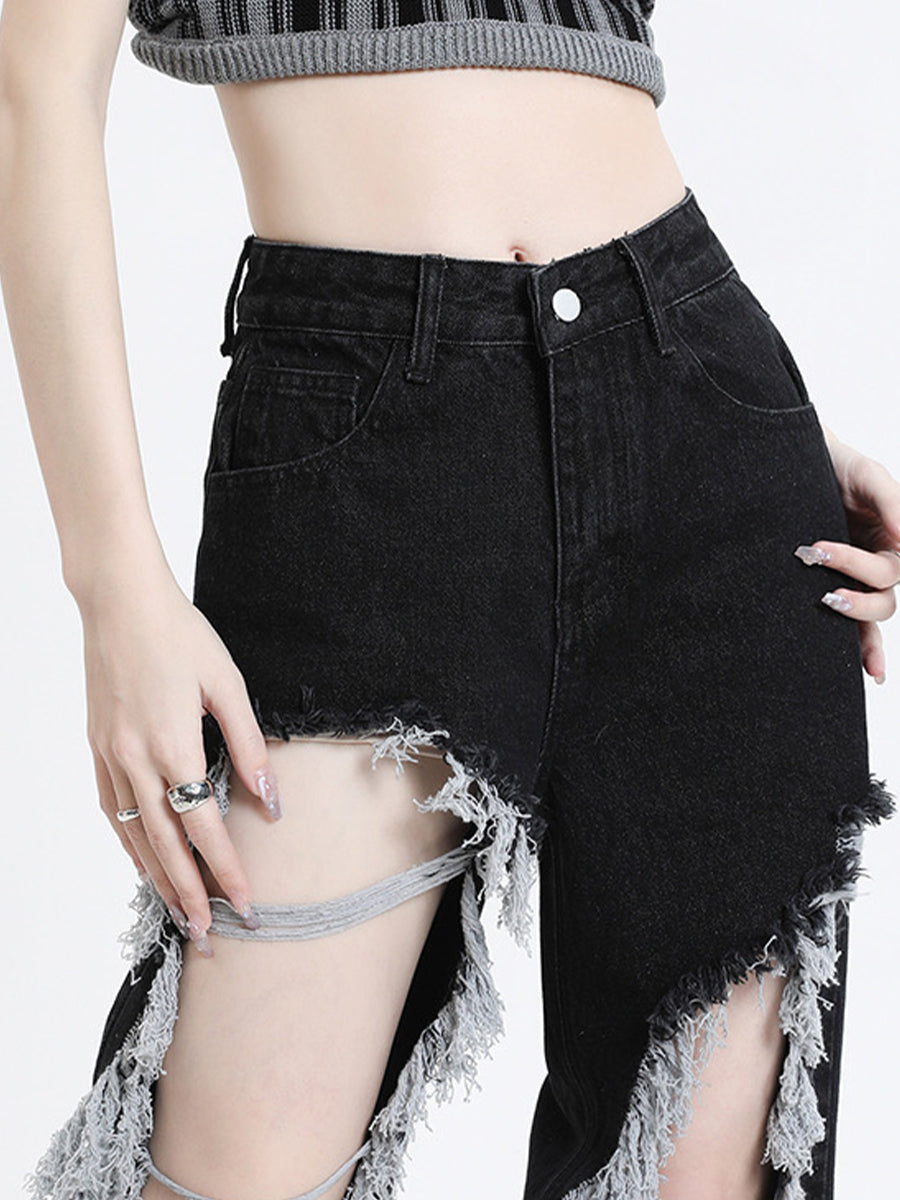Black High-Waisted Baggy Wide-Leg Ripped Jeans