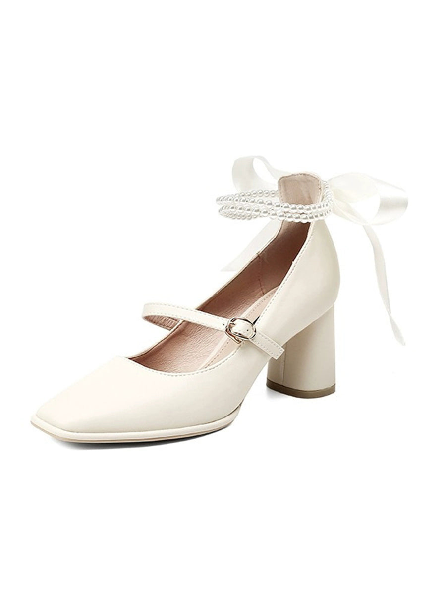 Square Toe Block Heels Mary Jane Pumps with Double Layered Pearls Chain