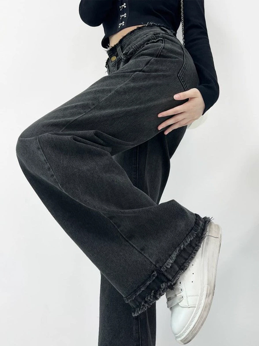 Solid Color Single Button High Waist Loose Jeans