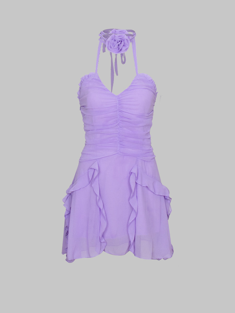 Solid Color Ruffle Floral Halter Dress