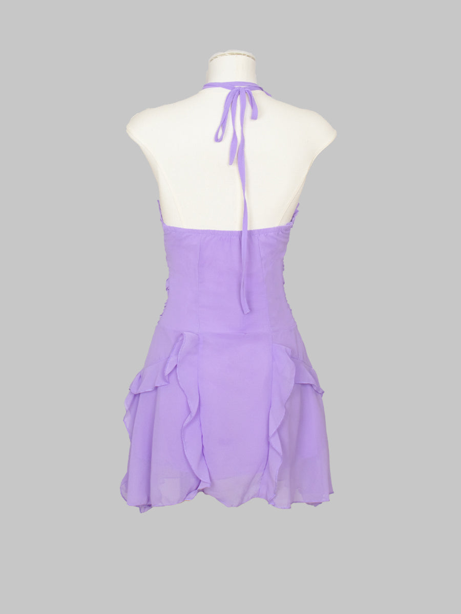 Solid Color Ruffle Floral Halter Dress