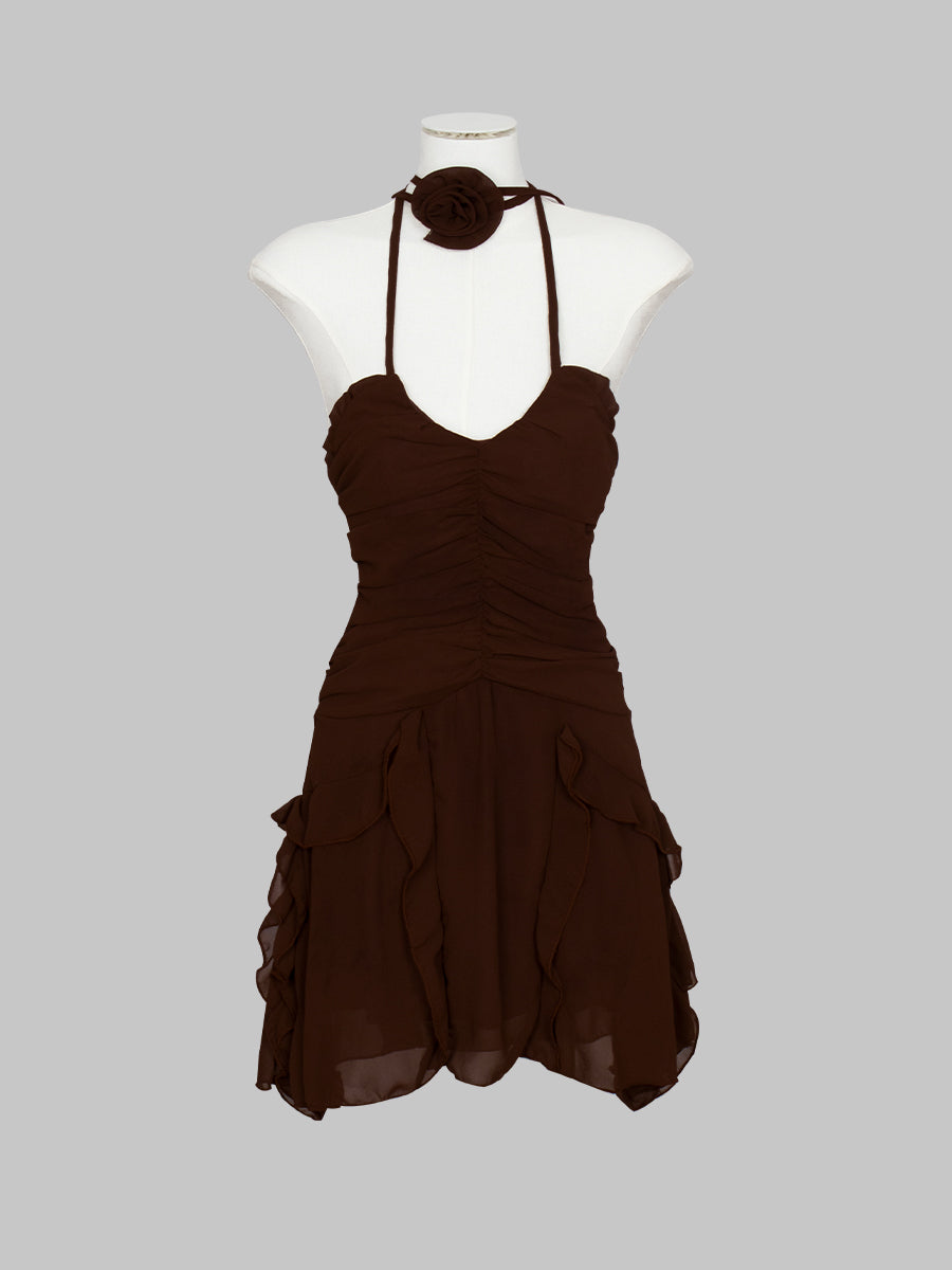 Solid Color Ruffle Floral Halter Dress