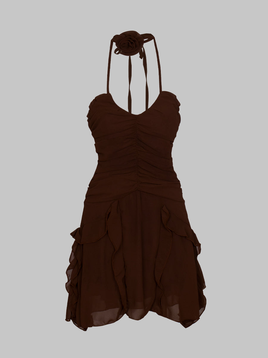 Solid Color Ruffle Floral Halter Dress