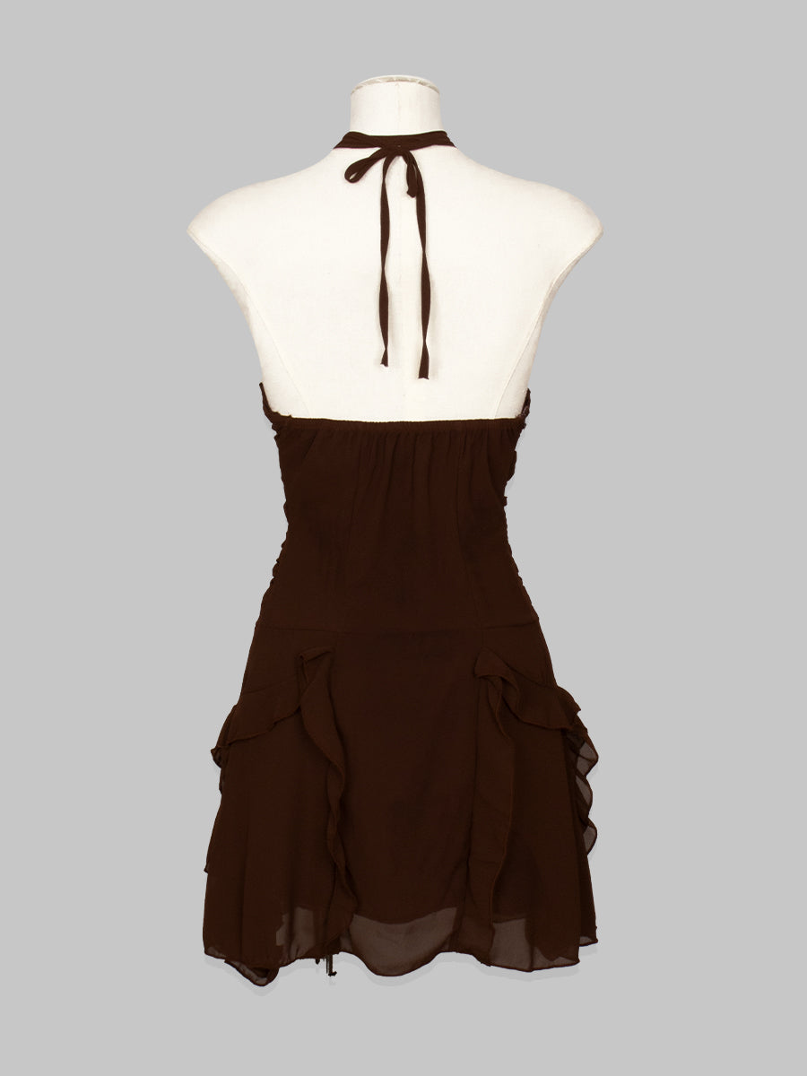 Solid Color Ruffle Floral Halter Dress