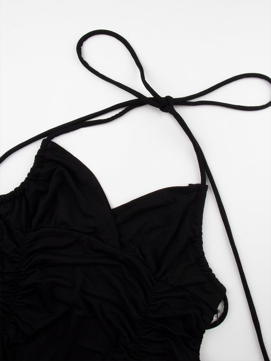 Solid Color Ruffle Flutter Backless Halter Dress