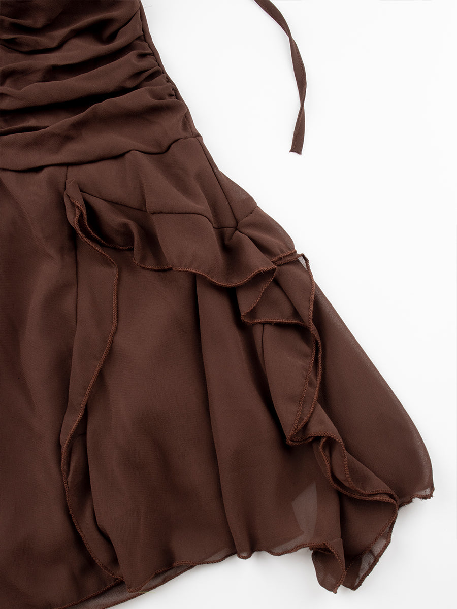 Solid Color Ruffle Floral Halter Dress