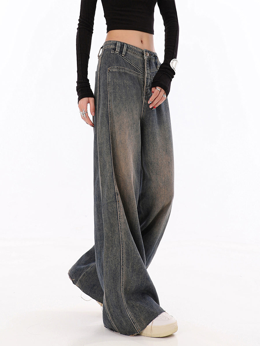 Vintage Relaxed Fit Grey Raw Edge Hem Denim Jeans