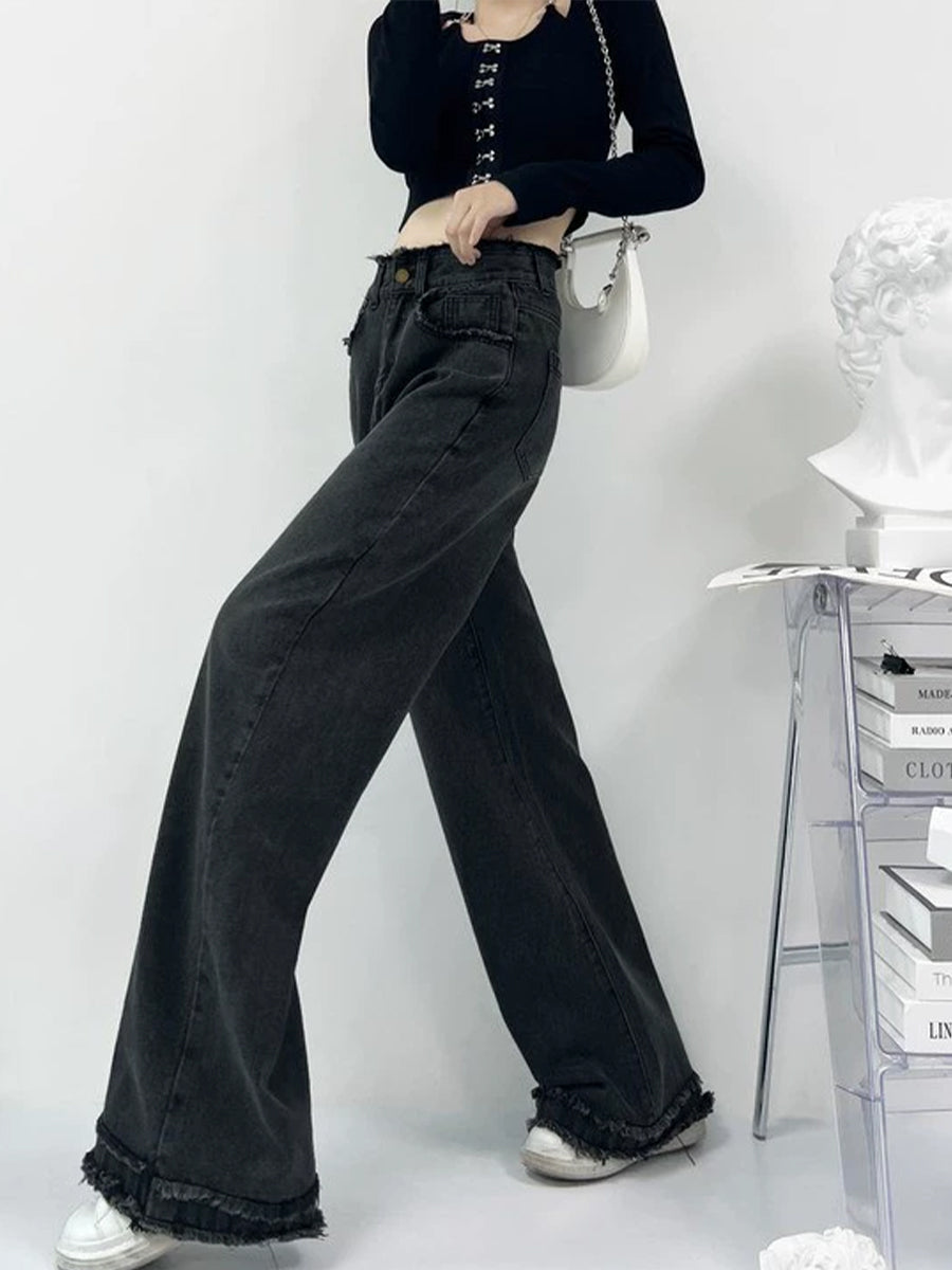 Solid Color Single Button High Waist Loose Jeans