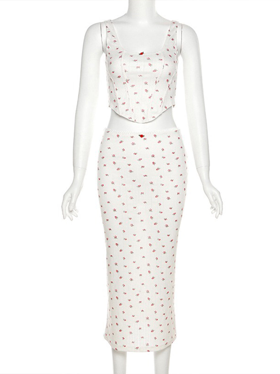 Rose Floral Print Knit Stretchy Cami Top + Long Skirt Two Piece Set