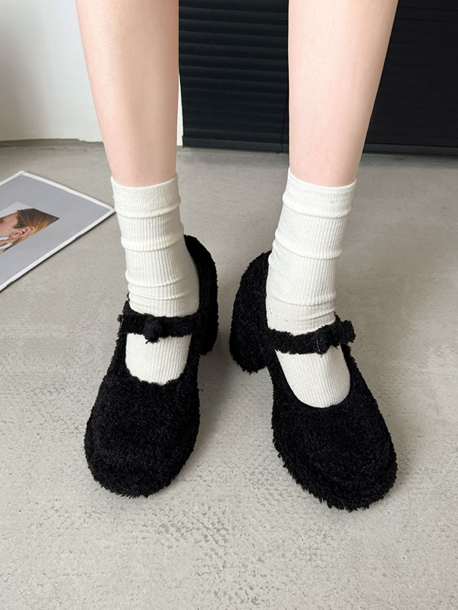 Fluffy Ankle Strap Chunky Heels Mary Jane Shoes