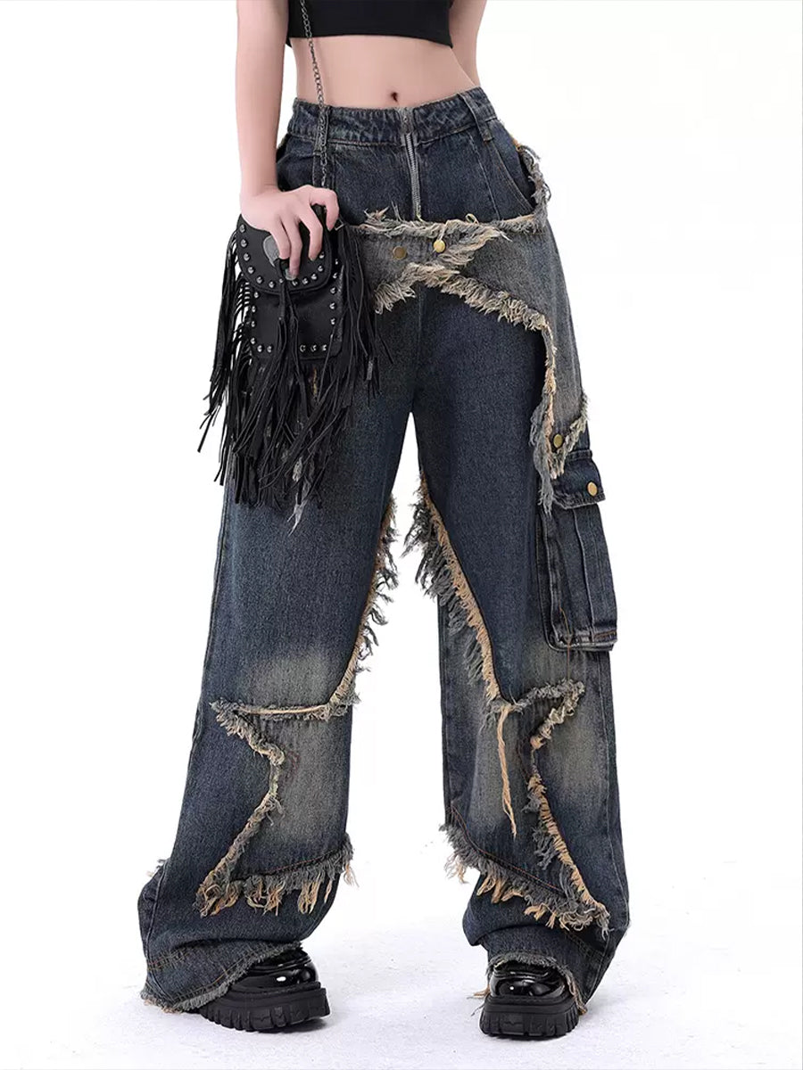 Vintage Patchwork Star Shape Raw Trim Loose Fit Jeans